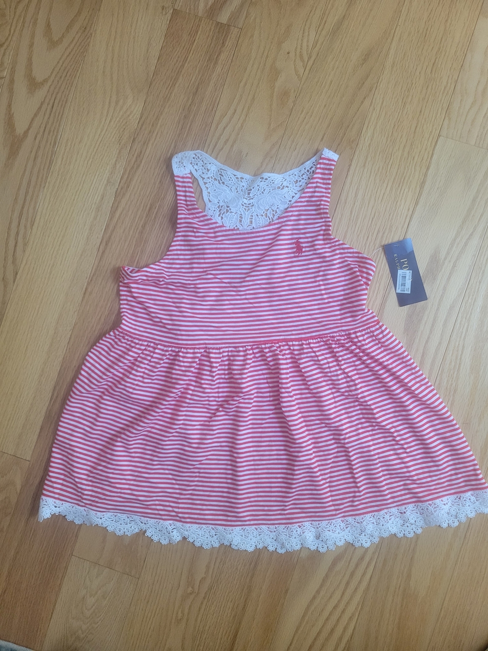 NWT Polo by Ralph Lauren Pink and White Striped Lace-Trim Tank Top, Size 10/12